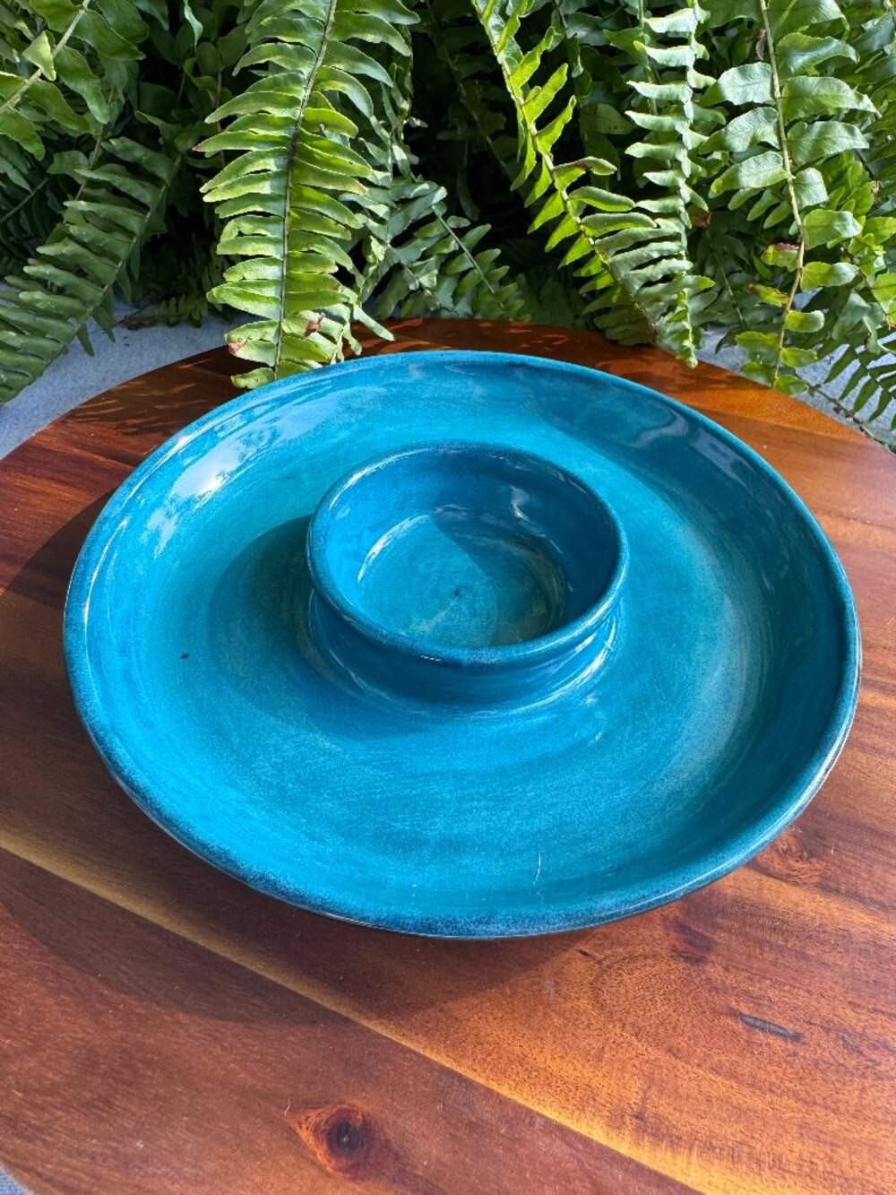 Handmade Pottery Chip and Dip Bowl 7.75" Teal Ceramic Serving Platter
